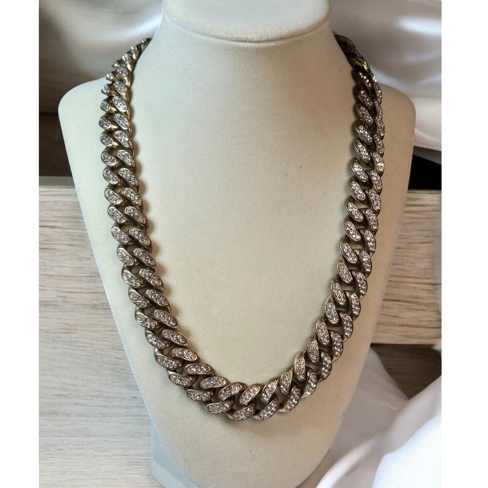 Cuban Link Rhinestone Statement Necklace Gold Tone Chunky Chain Vintage Y2K Glam